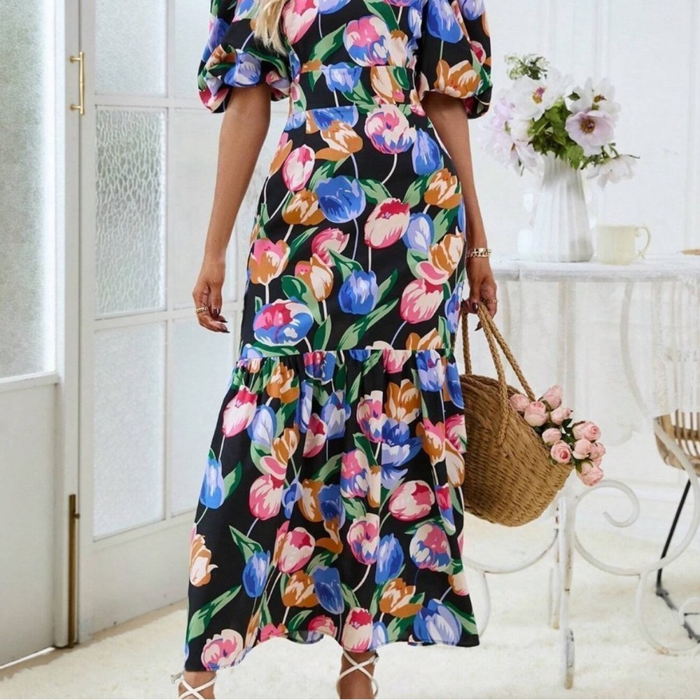 Multicolor Boho Womens Floral Print Puff Sleeve Ruffle Hem Dress